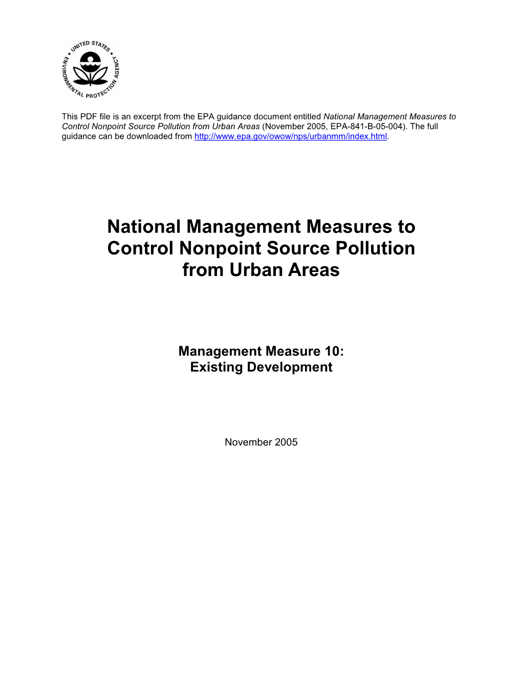 National Management Measures to Control Nonpoint Source Pollution from Urban Areas, November 2005, EPA-841-B-05-004