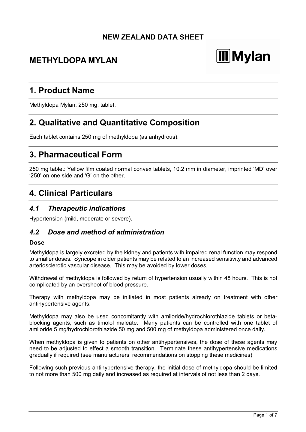 METHYLDOPA MYLAN 1. Product Name 2. Qualitative And