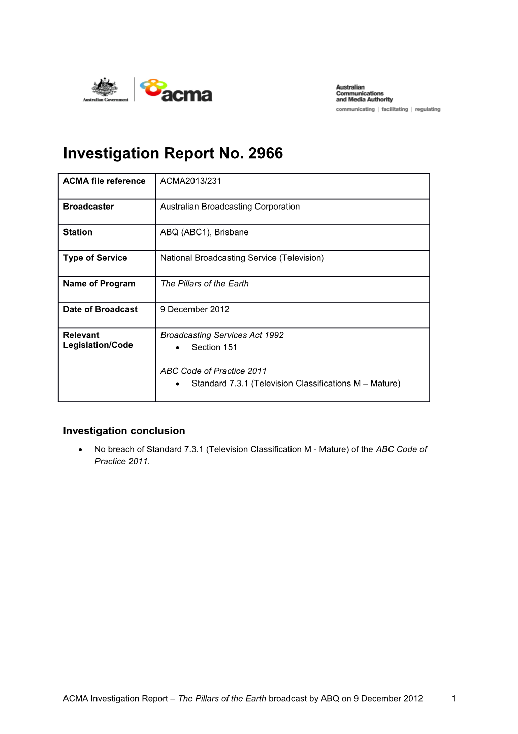 ABC1 (ABQ) - ACMA Investigation Report 2966