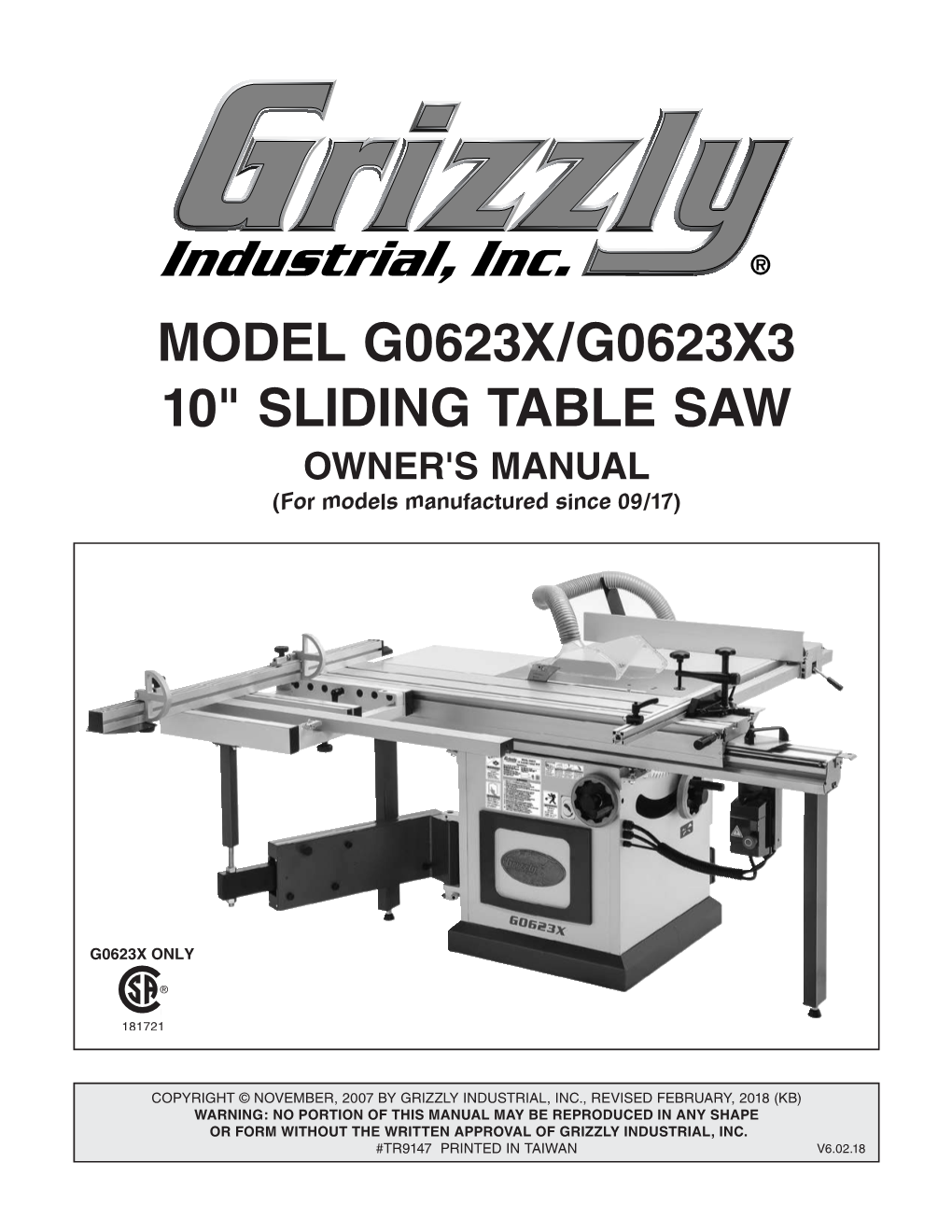 MODEL G0623X/G0623X3 10" SLIDING TABLE SAW OWNER's MANUAL (For Models Manufactured Since 09/17)