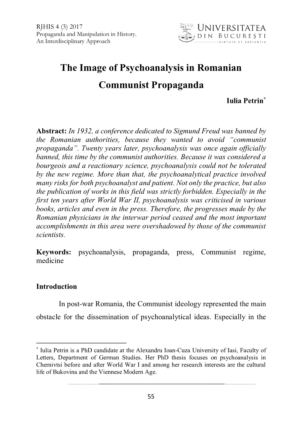 The Image of Psychoanalysis in Romanian Communist Propaganda Iulia Petrin*