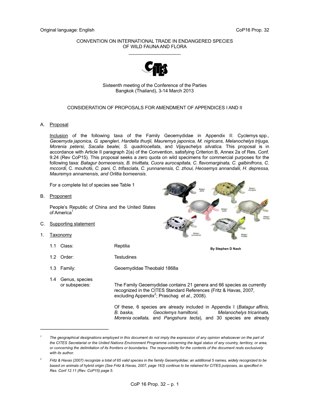 P. 1 Original Language: English Cop16 Prop. 32 CONVENTION on INTERNATIONAL TRADE in ENDANGERED SPECIES of WI