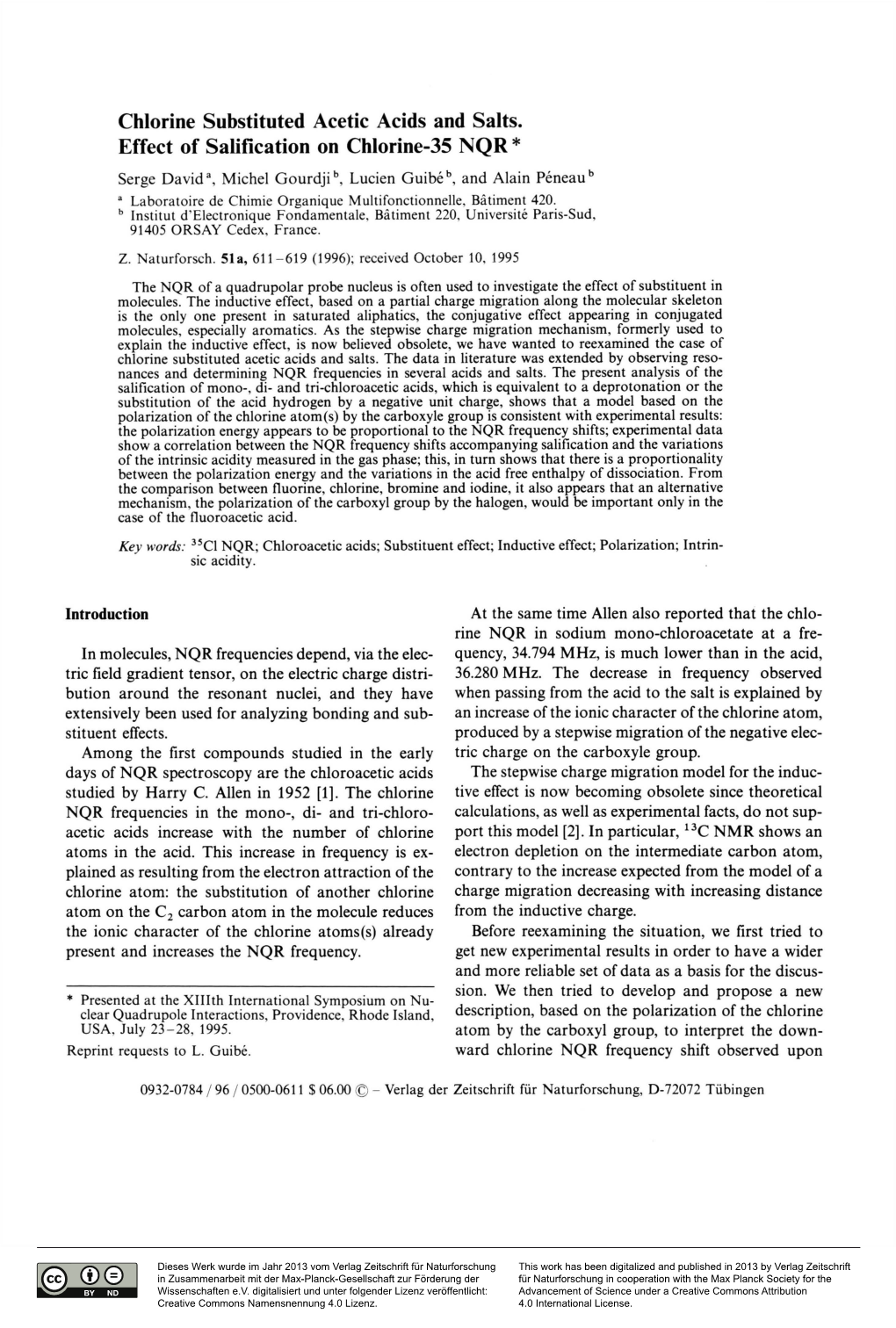 Chlorine Substituted Acetic Acids and Salts. Effect of Salification on Chlorine-35 NQR*