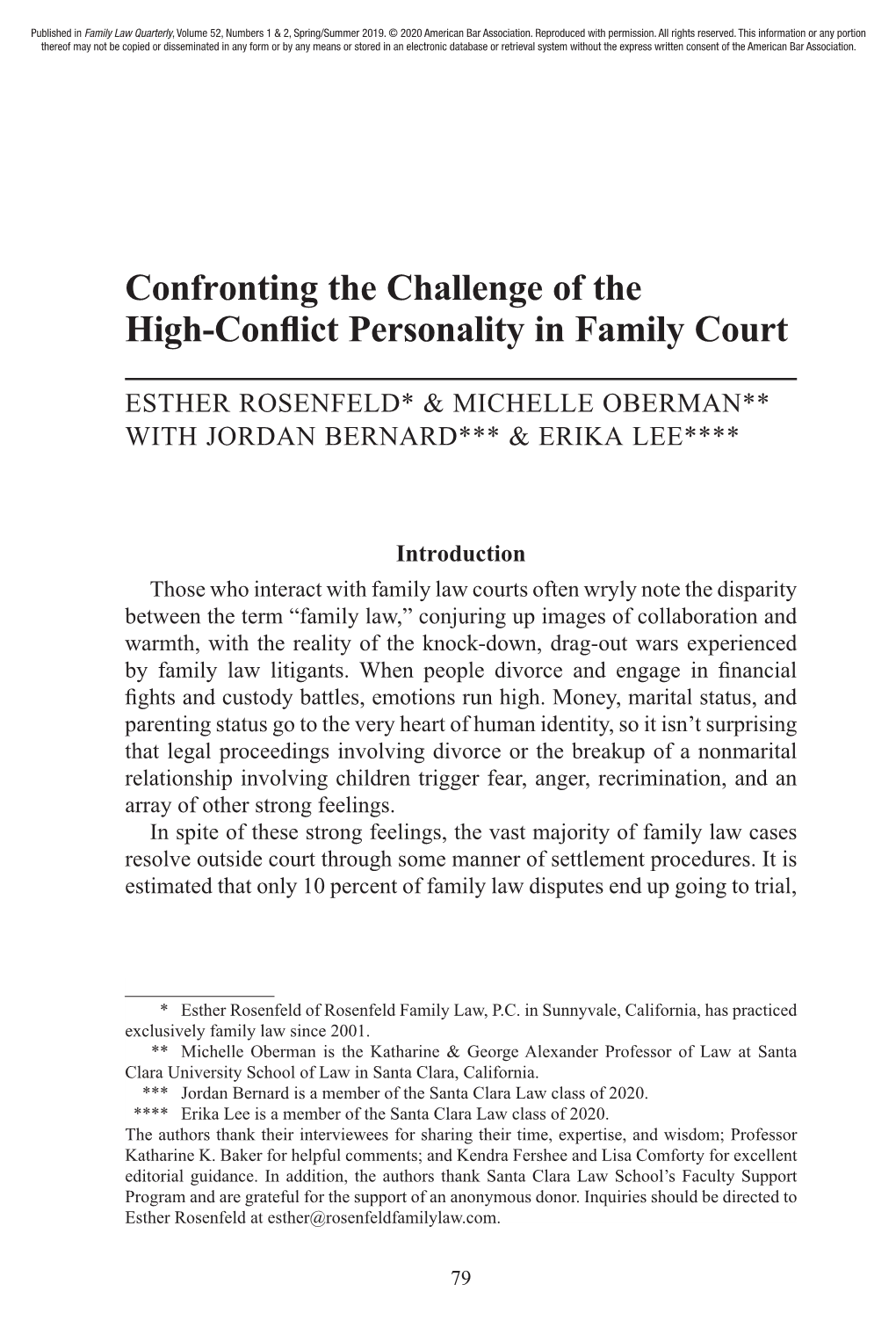 Confronting the Challenge of the High-Conflict Personality in Family Court