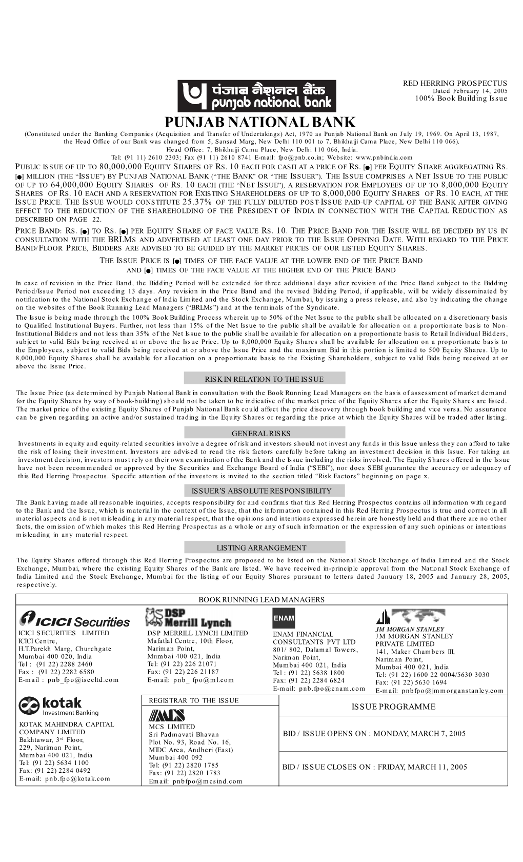 PUNJAB NATIONAL BANK (Constituted Under the Banking Companies (Acquisition and Transfer of Undertakings) Act, 1970 As Punjab National Bank on July 19, 1969