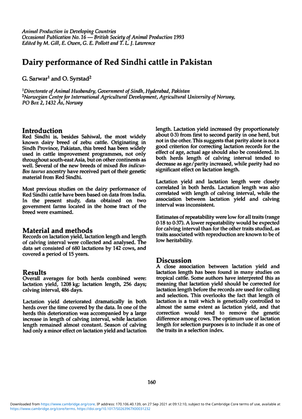 Dairy Performance of Red Sindhi Cattle in Pakistan