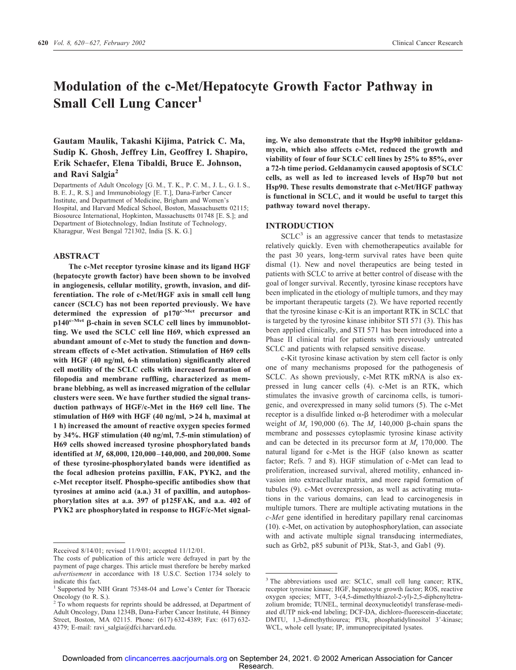 Modulation of the C-Met/Hepatocyte Growth Factor Pathway in Small Cell Lung Cancer1