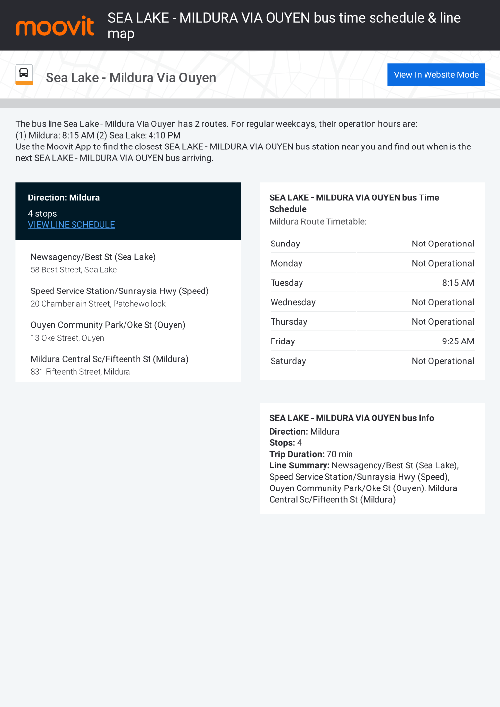 SEA LAKE - MILDURA VIA OUYEN Bus Time Schedule & Line Map