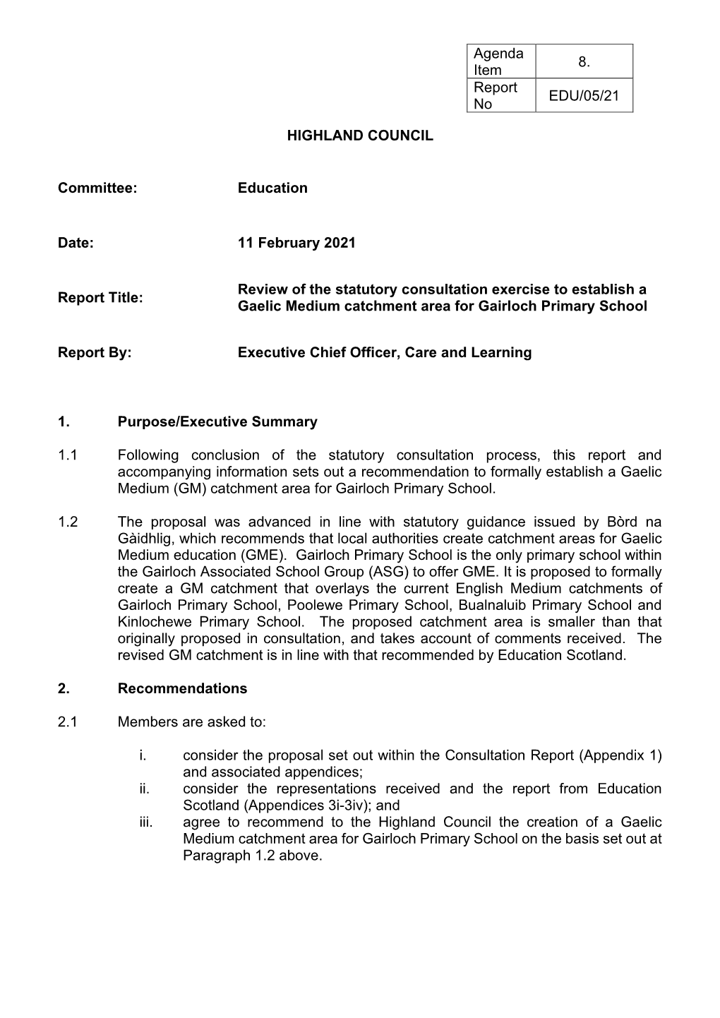 Review of the Statutory Consultation Exercise to Establish a Gaelic Medium Catchment Area for Gairloch Primary School