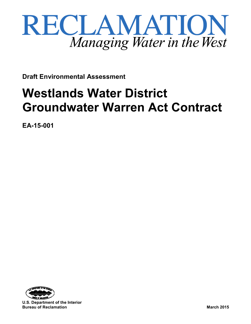 Westlands Water District Groundwater Warren Act Contract