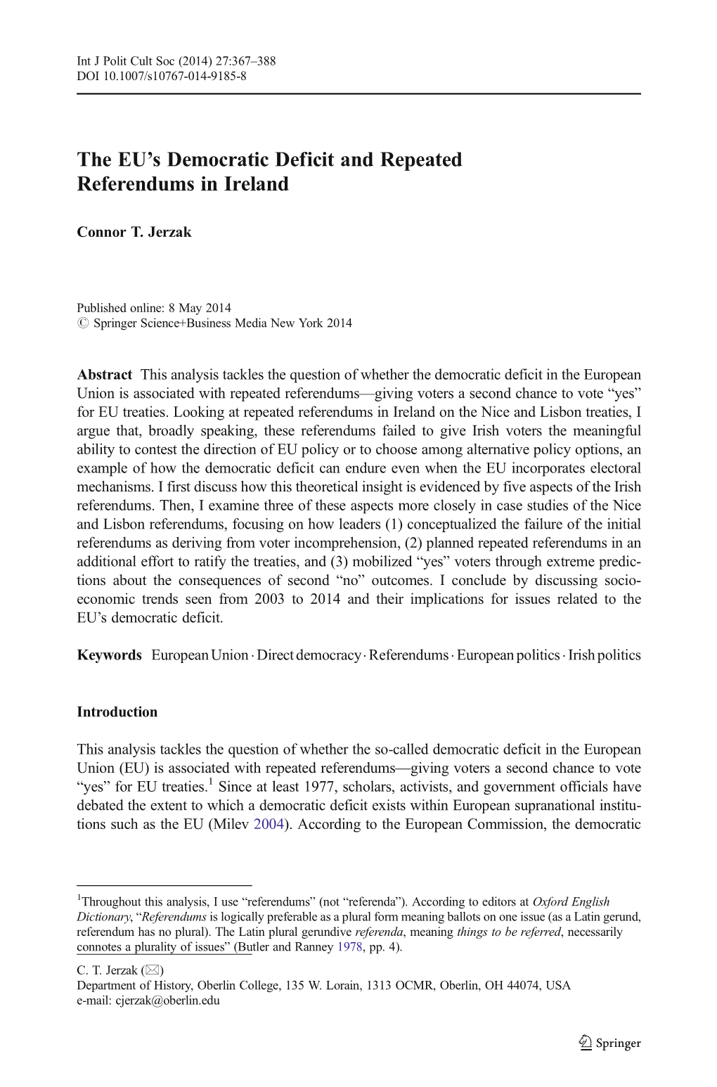 The EU's Democratic Deficit and Repeated Referendums in Ireland