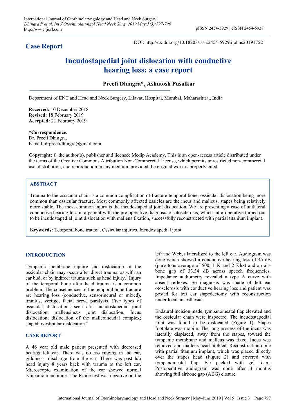 Incudostapedial Joint Dislocation with Conductive Hearing Loss: a Case Report