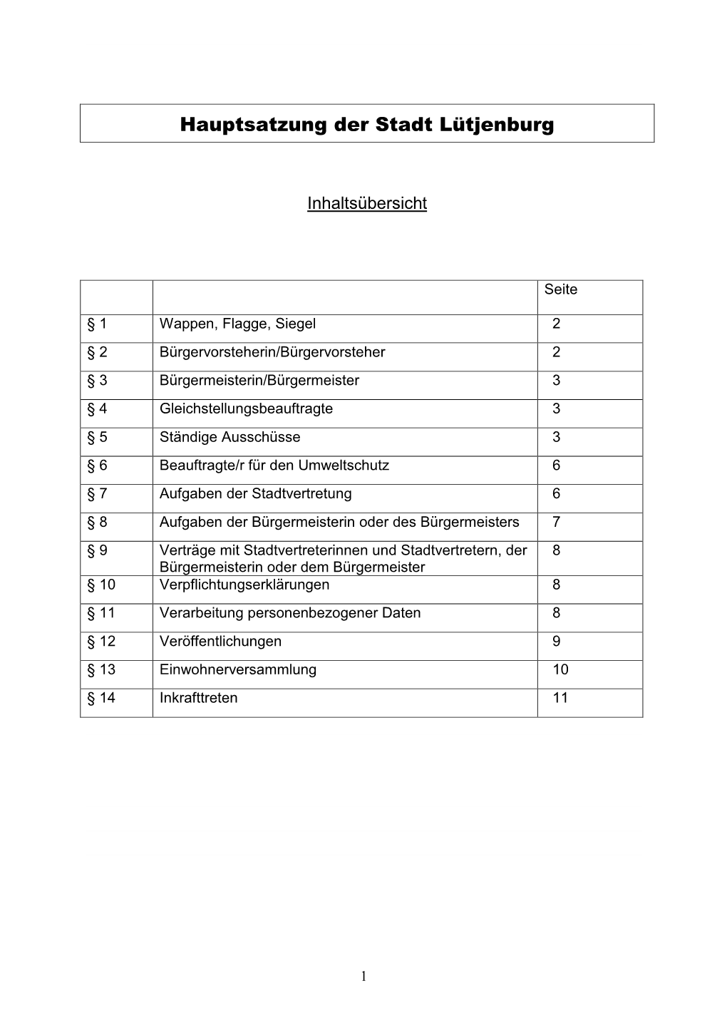 Hauptsatzung Der Stadt Lütjenburg