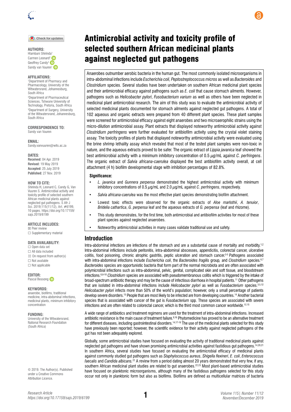 Antimicrobial Activity and Toxicity Profile of Selected Southern African