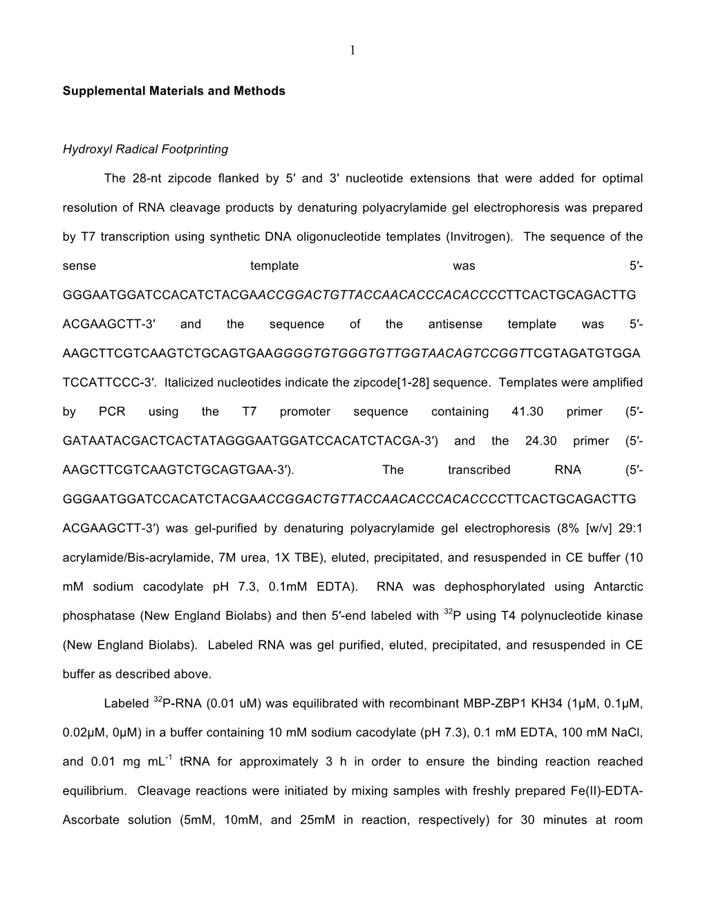 Supplemental Materials and Methods Hydroxyl Radical Footprinting The