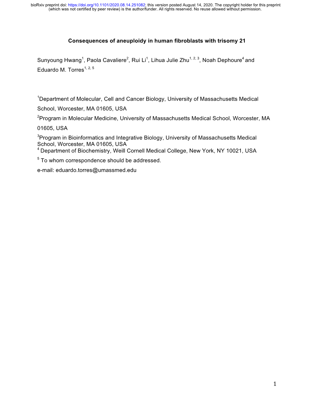 Consequences of Aneuploidy in Human Fibroblasts with Trisomy 21