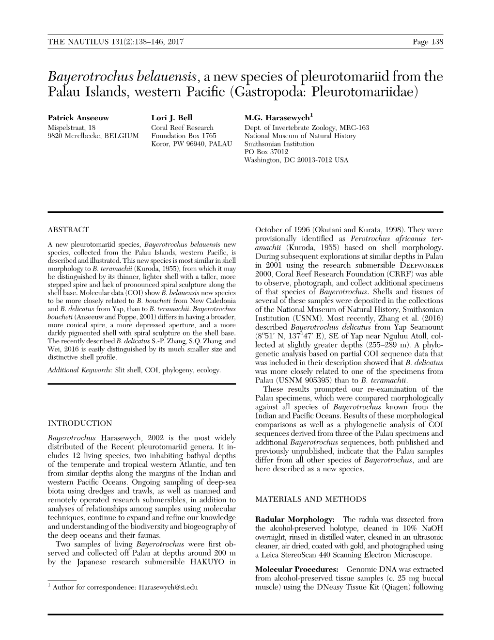 Bayerotrochus Belauensis, a New Species of Pleurotomariid from the Palau Islands, Western Paciﬁc (Gastropoda: Pleurotomariidae)