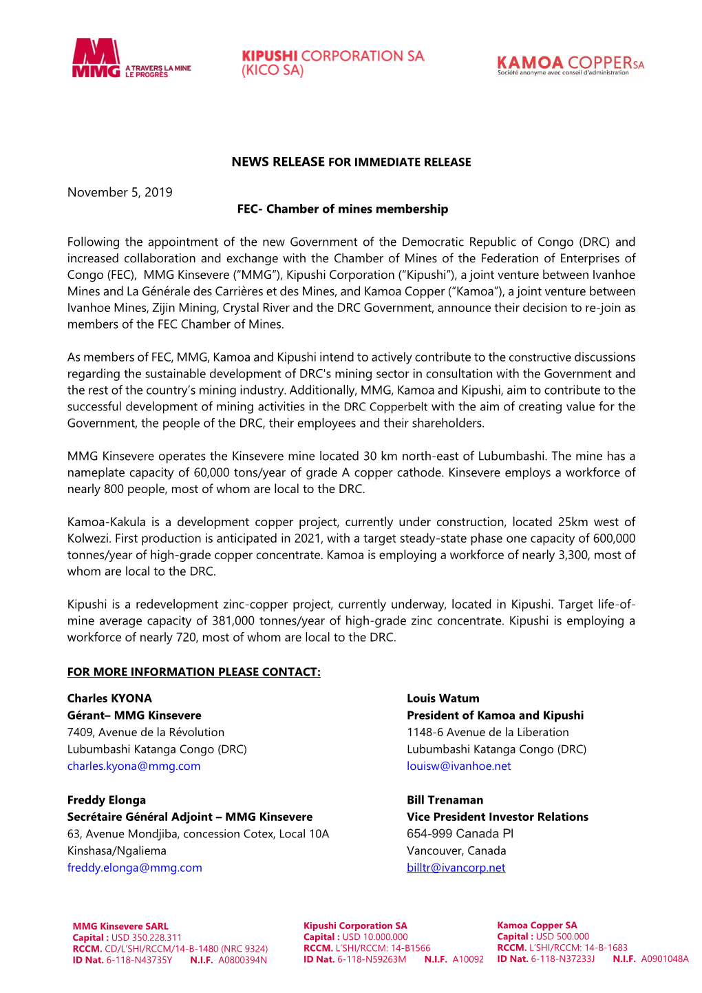MMG Kinsevere Media Release – FEC Chamber of Mines Membership
