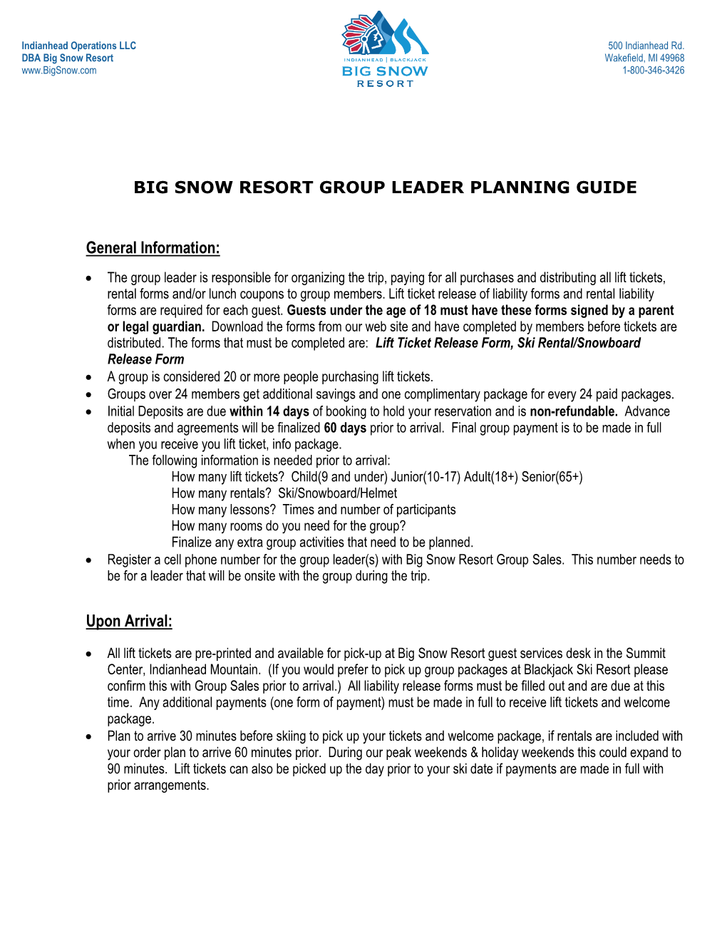 Big Snow Resort Group Leader Planning Guide