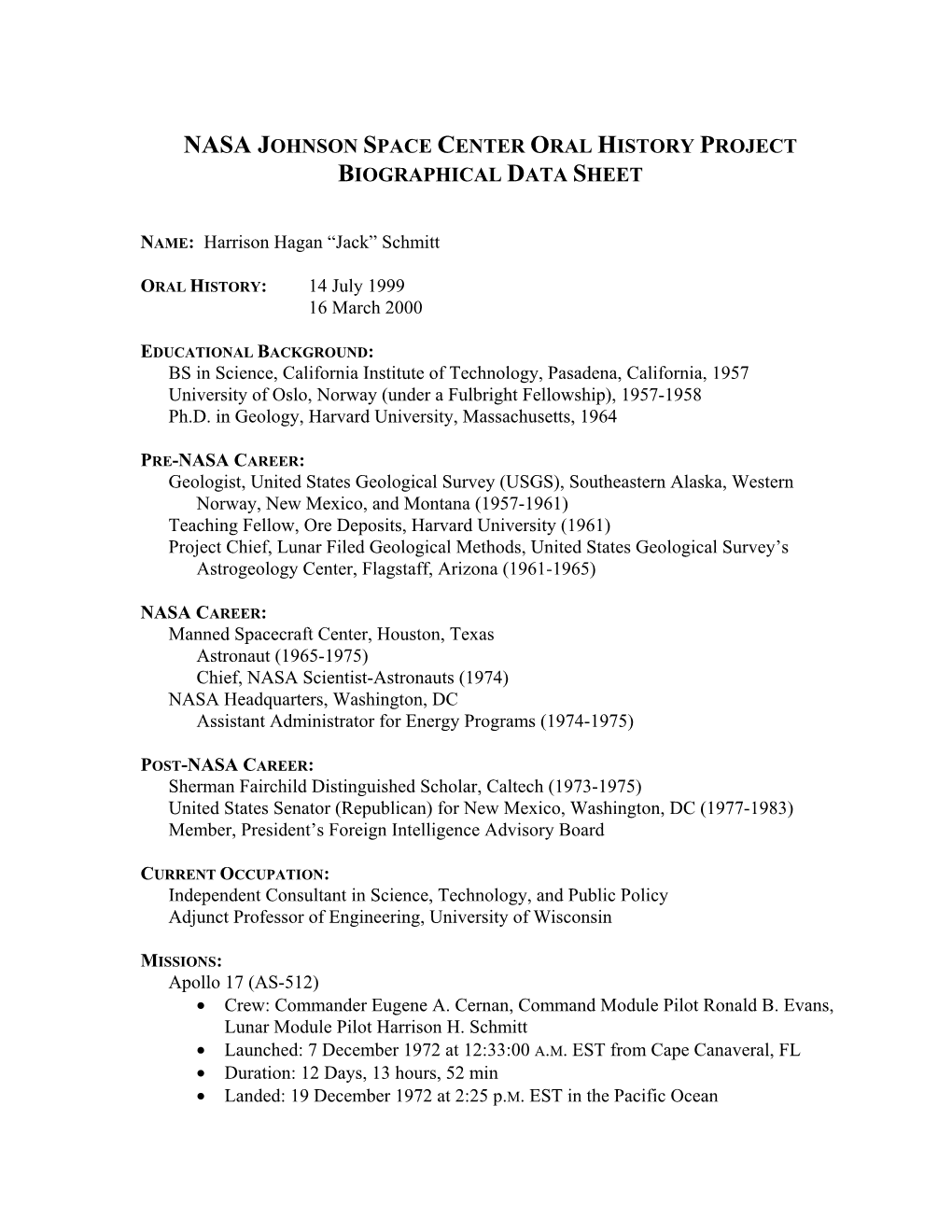 Nasa Johnson Space Center Oral History Project Biographical Data Sheet