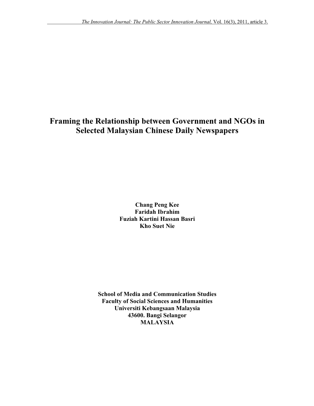 Framing the Relationship Between Government and Ngos in Selected Malaysian Chinese Daily Newspapers