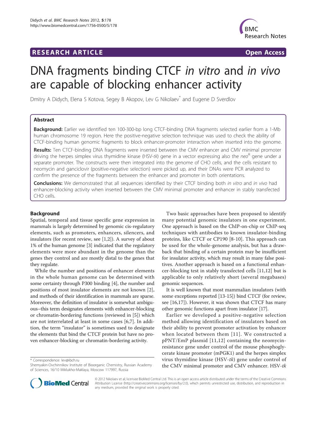 DNA Fragments Binding CTCF in Vitro and in Vivo Are Capable of Blocking