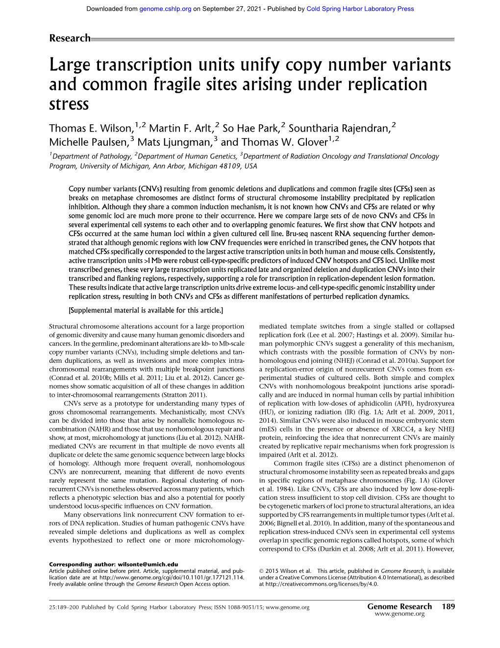 Large Transcription Units Unify Copy Number Variants and Common Fragile Sites Arising Under Replication Stress