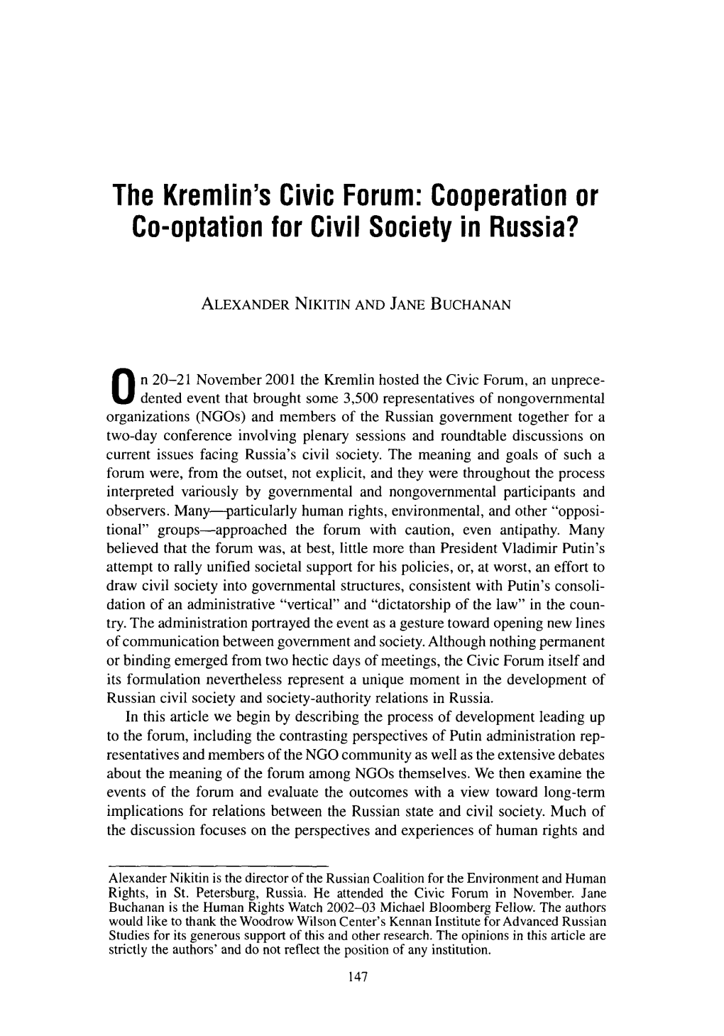 Cooperation Or Co-Optation for Civil Society in Russia?