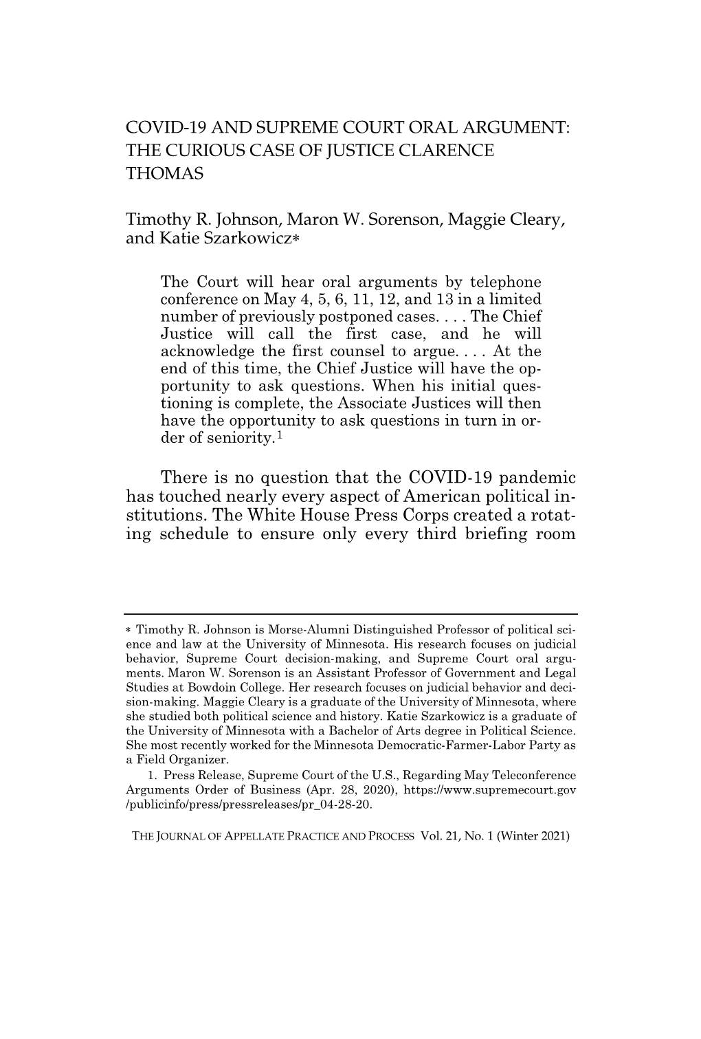 Covid-19 and Supreme Court Oral Argument: the Curious Case of Justice Clarence Thomas