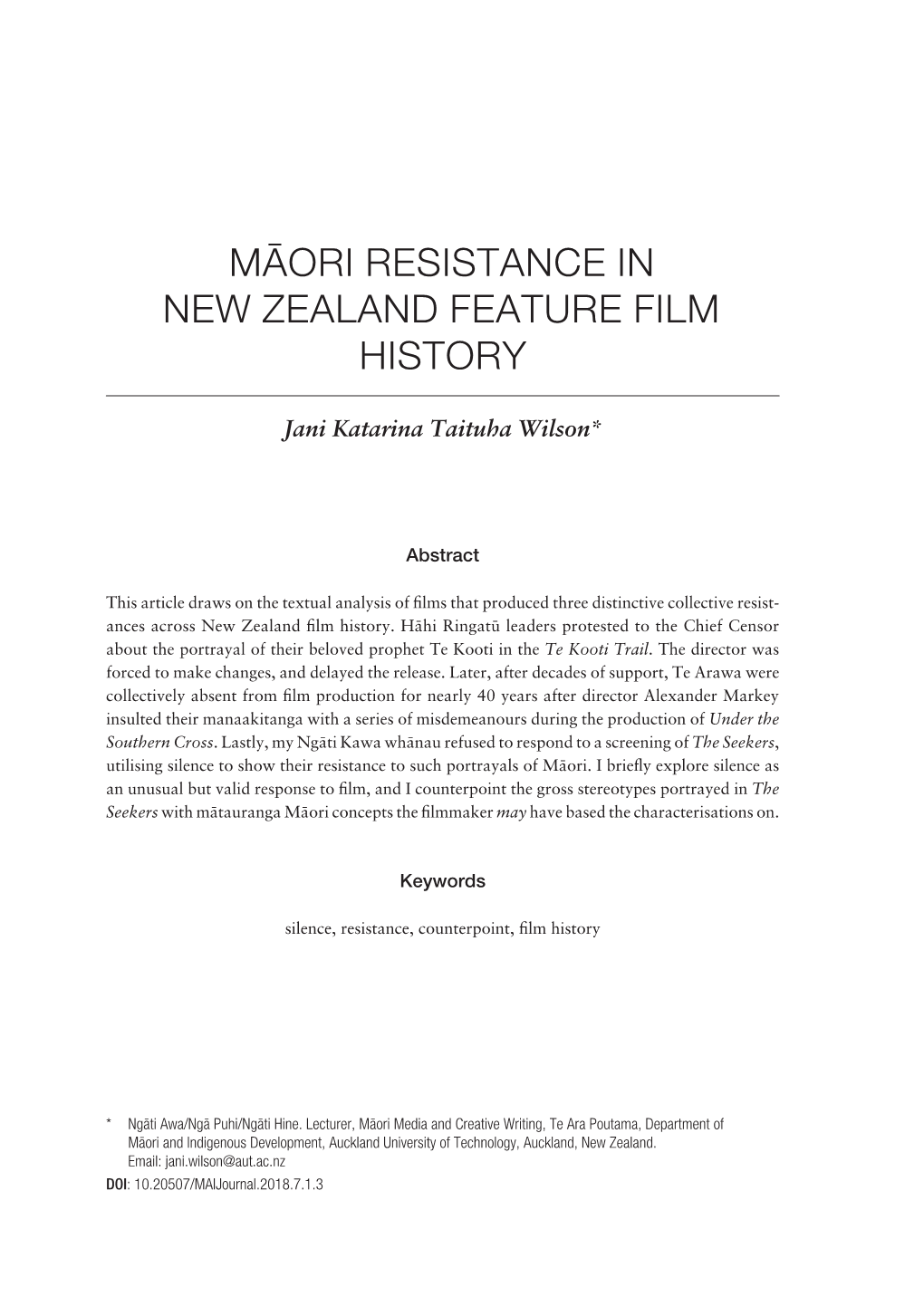 Mäori Resistance in New Zealand Feature Film History