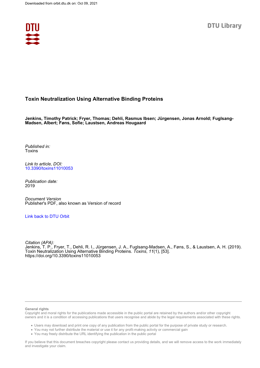 Toxin Neutralization Using Alternative Binding Proteins