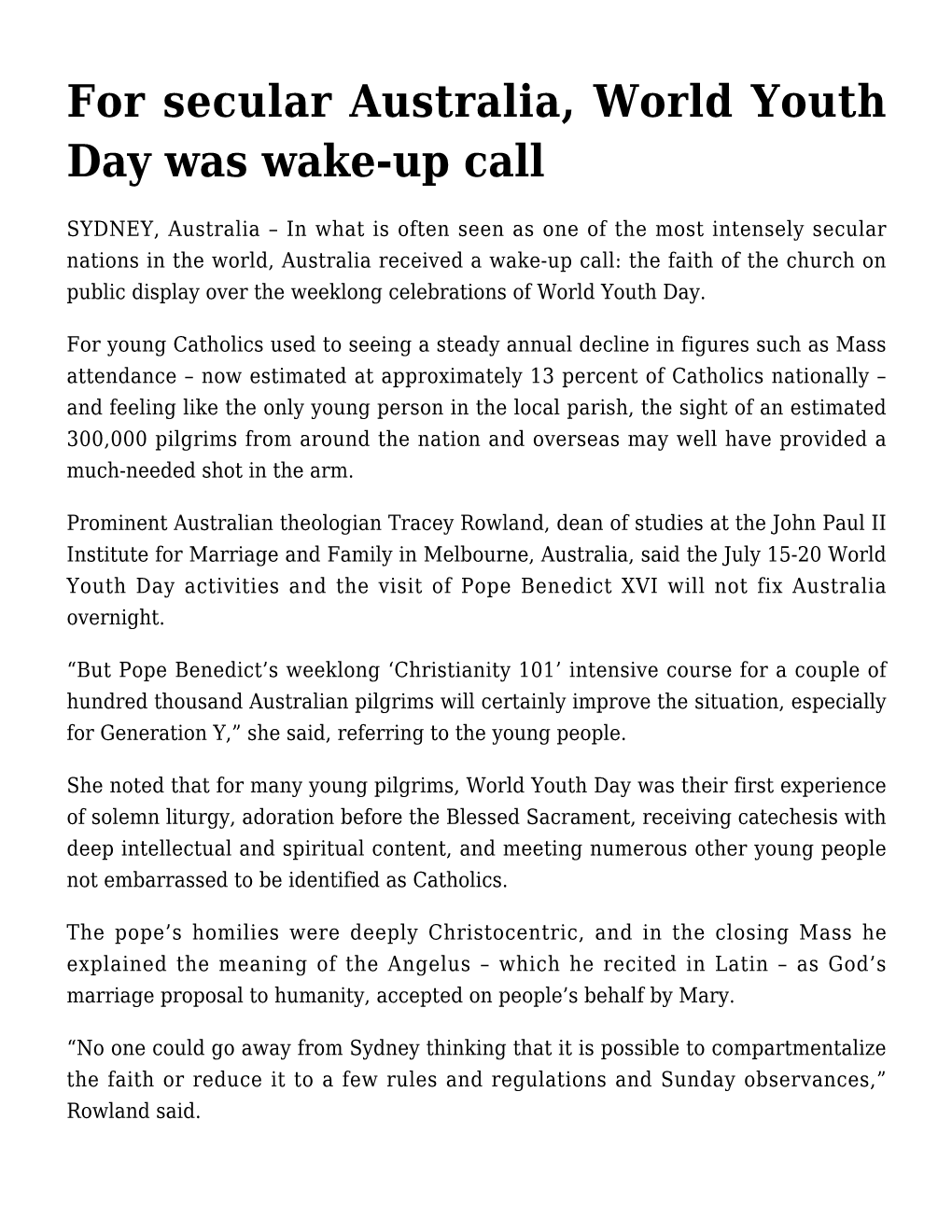 For Secular Australia, World Youth Day Was Wake-Up Call