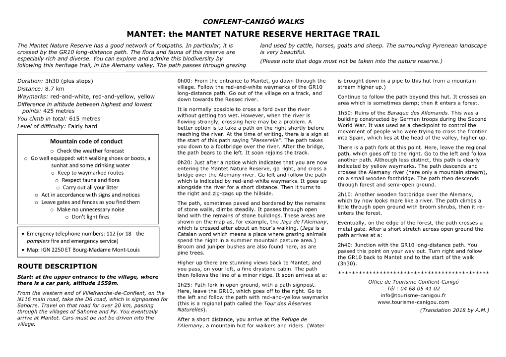 MANTET: the MANTET NATURE RESERVE HERITAGE TRAIL the Mantet Nature Reserve Has a Good Network of Footpaths