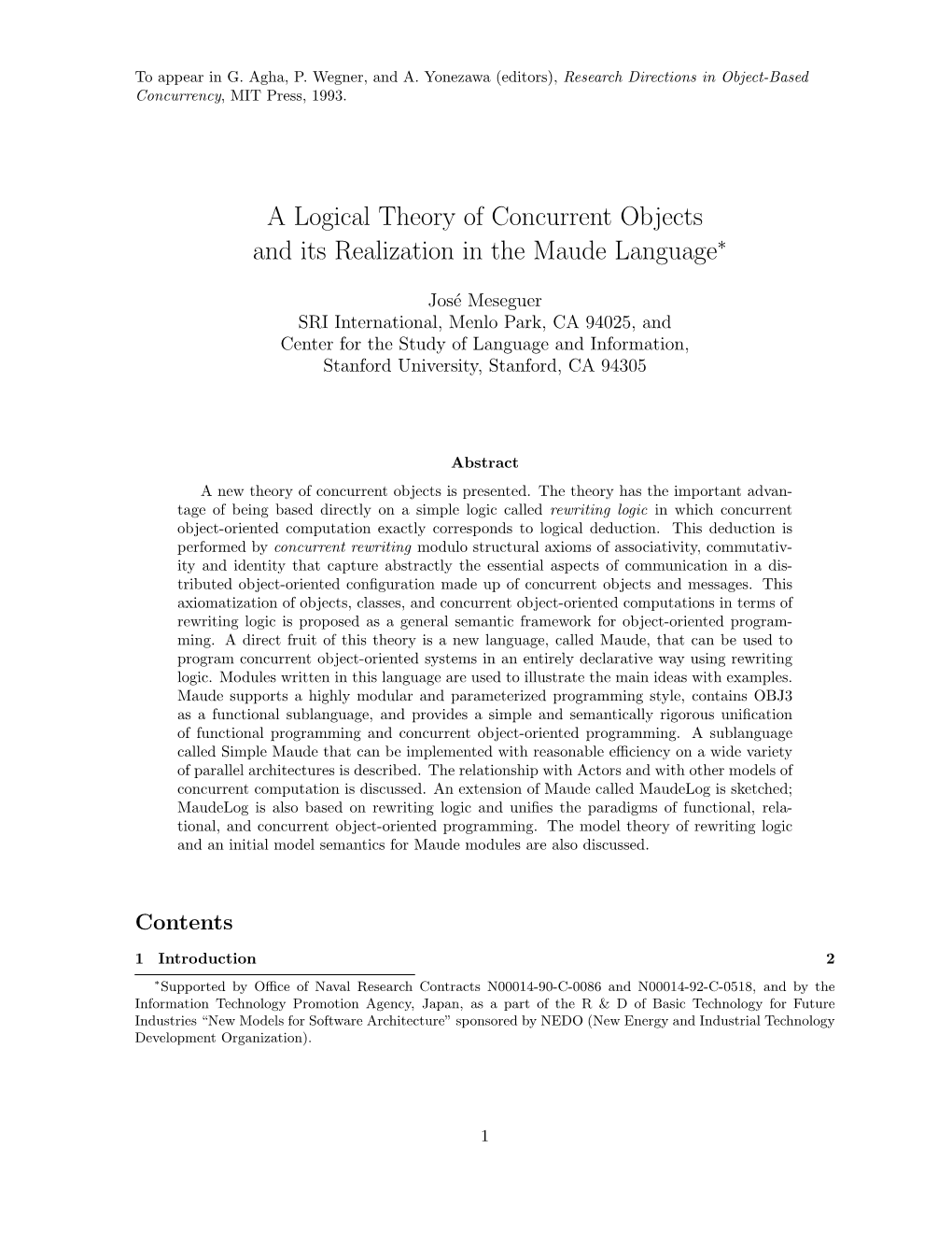 A Logical Theory of Concurrent Objects and Its Realization in the Maude Language∗