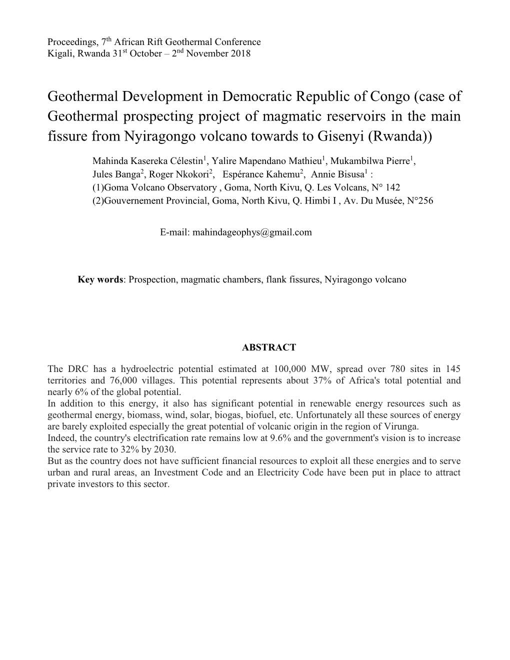 Geothermal Development in Democratic Republic of Congo (Case of Geothermal Prospecting Project of Magmatic Reservoirs in The