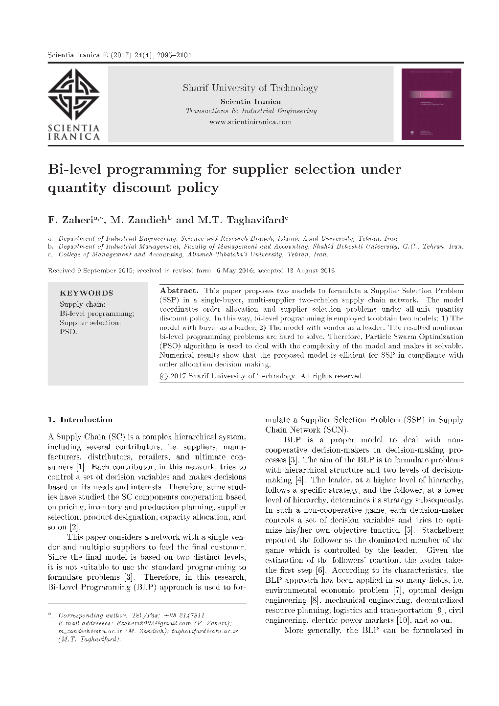 Bi-Level Programming for Supplier Selection Under Quantity Discount Policy