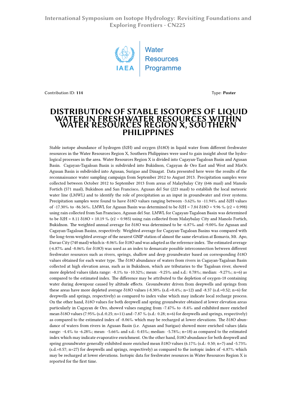 Distribution of Stable Isotopes of Liquid Water in Freshwater Resources Within Water Resources Region X, Southern Philippines