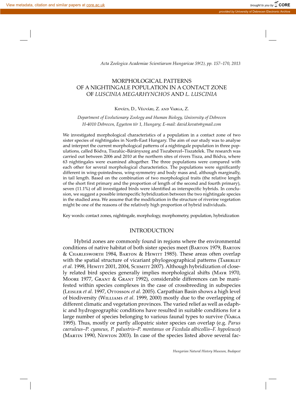 Morphological Patterns of a Nightingale Population in a Contact Zone of Luscinia Megarhynchos and L