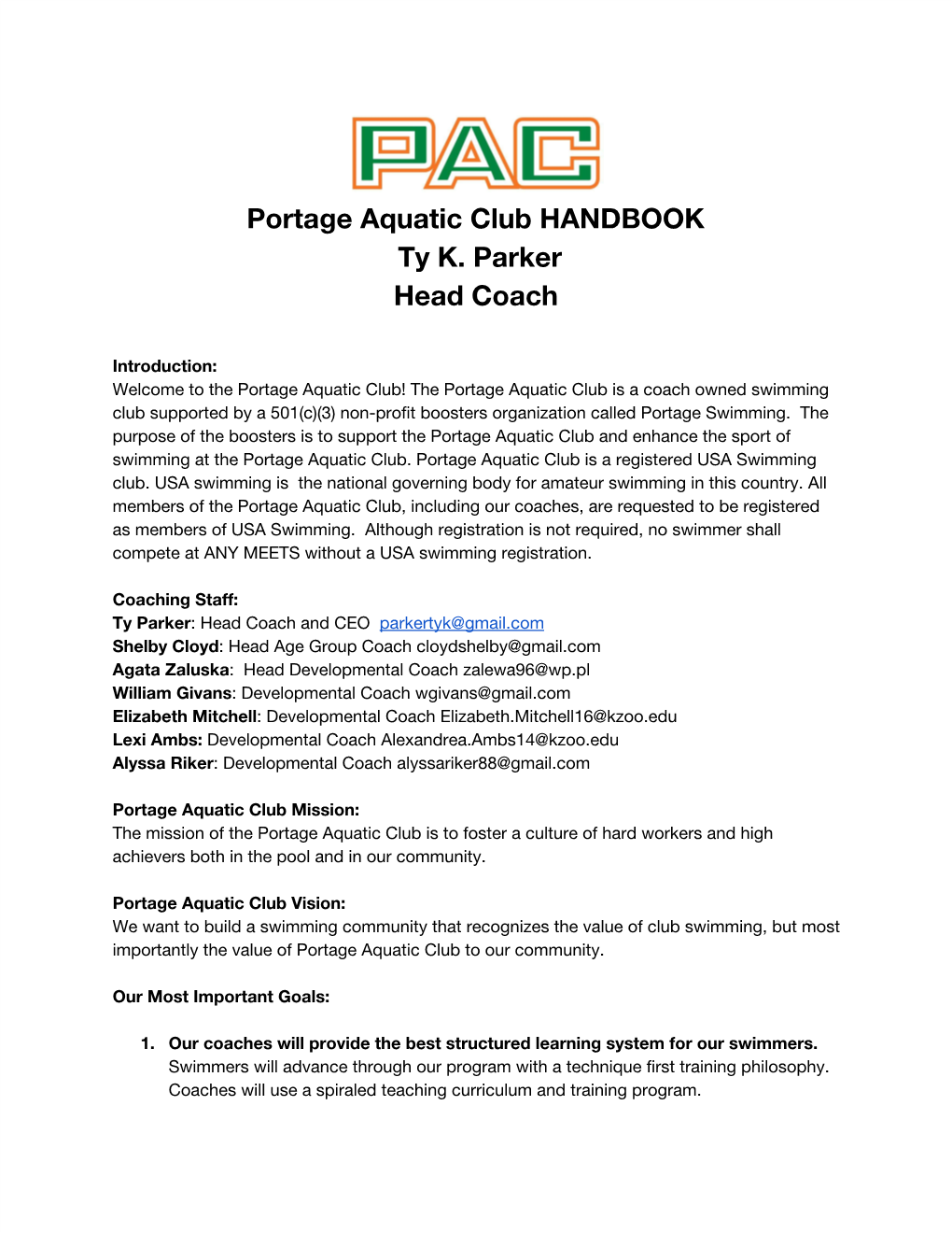 Portage Aquatic Club​ ​HANDBOOK Ty K. Parker Head Coach