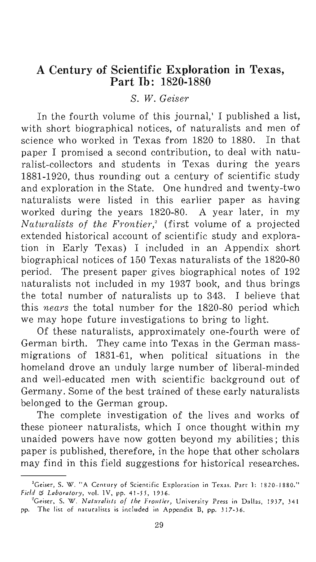 A Century of Scientific Exploration in Texas, Part Ib: 1820-1880 S