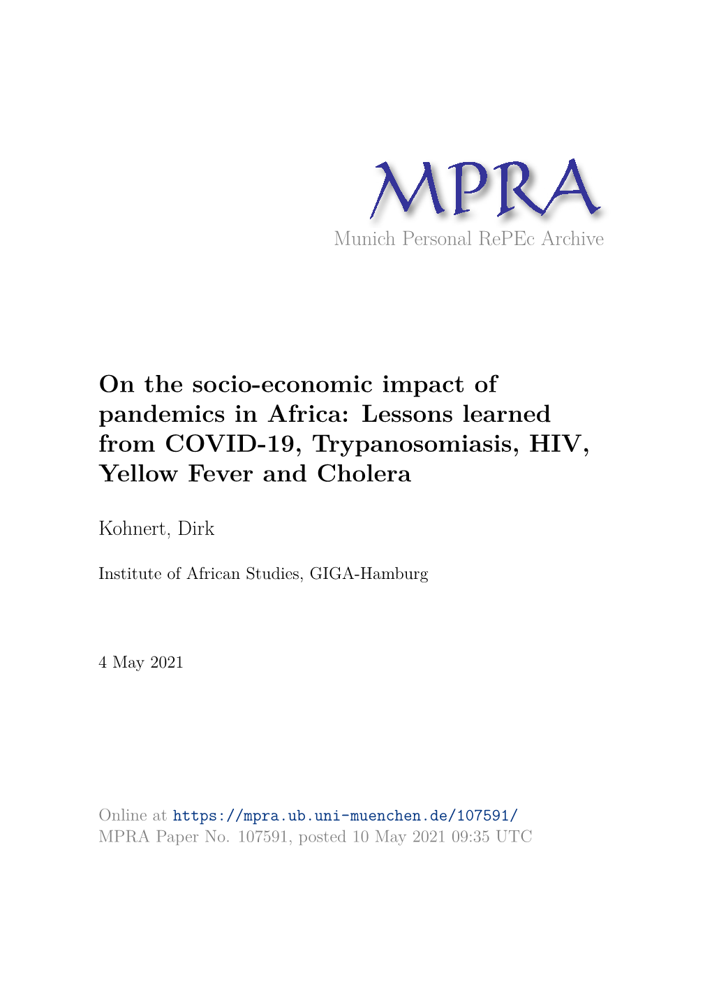 On the Socio-Economic Impact of Pandemics in Africa: Lessons Learned from COVID-19, Trypanosomiasis, HIV, Yellow Fever and Cholera