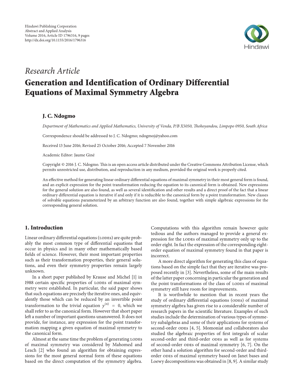 Research Article Generation and Identification of Ordinary Differential Equations of Maximal Symmetry Algebra