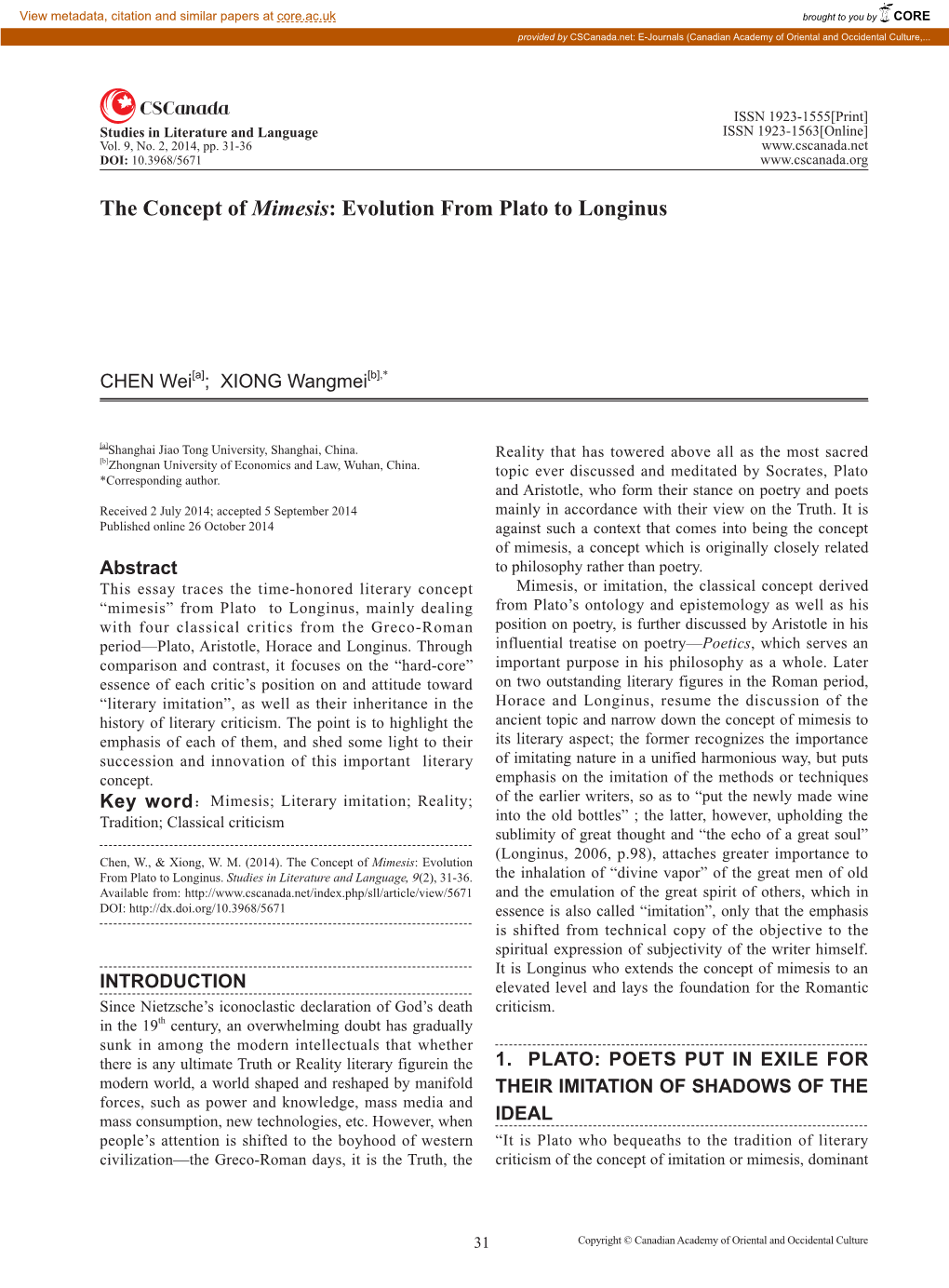 The Concept of Mimesis: Evolution from Plato to Longinus