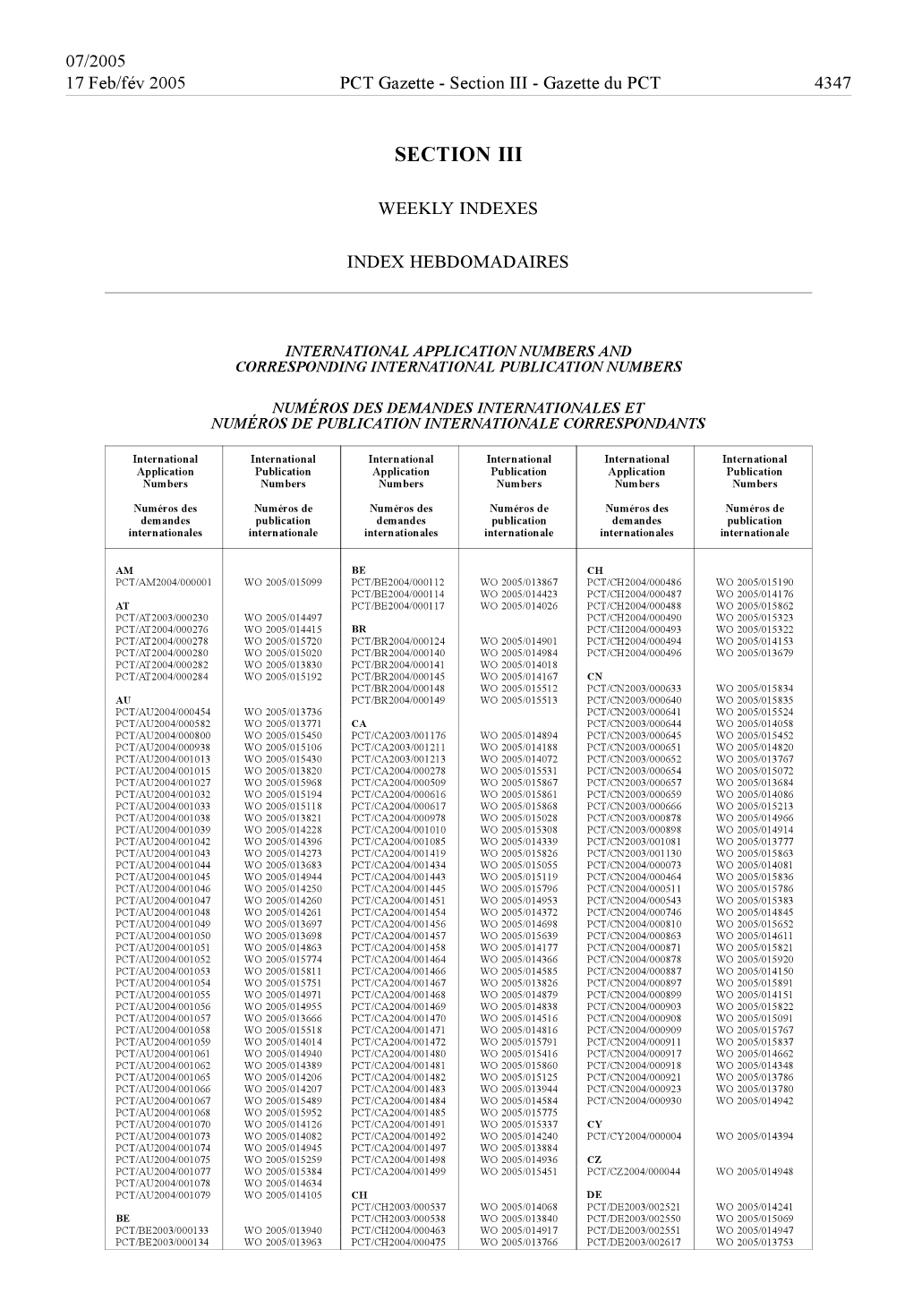 PCT Gazette, Weekly Issue No. 7, 2005