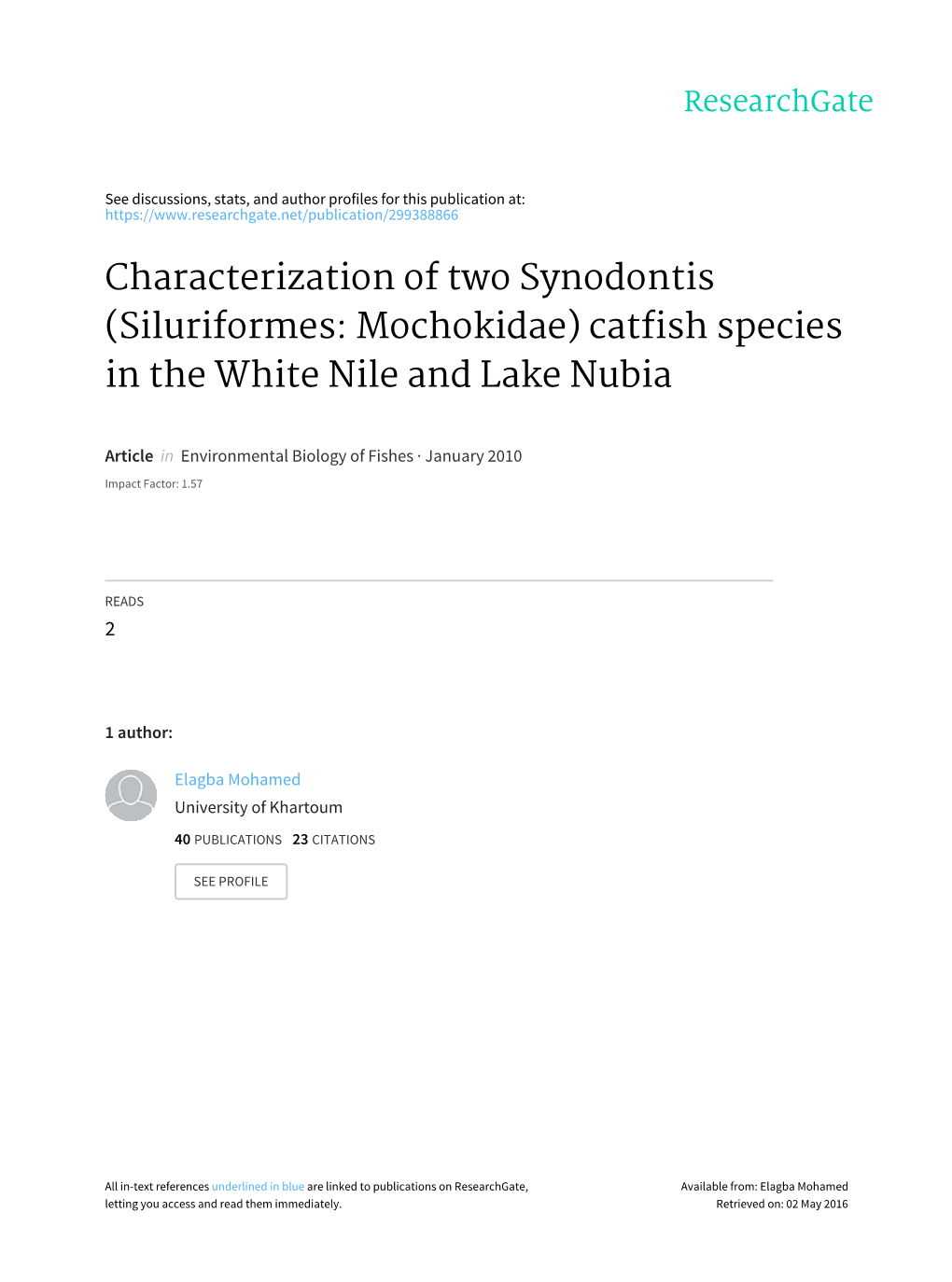 Characterization of Two Synodontis (Siluriformes: Mochokidae) Catfish Species in the White Nile and Lake Nubia