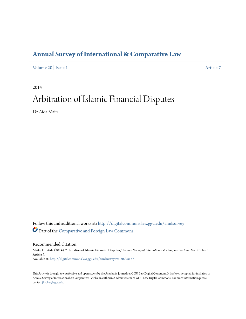 Arbitration of Islamic Financial Disputes Dr