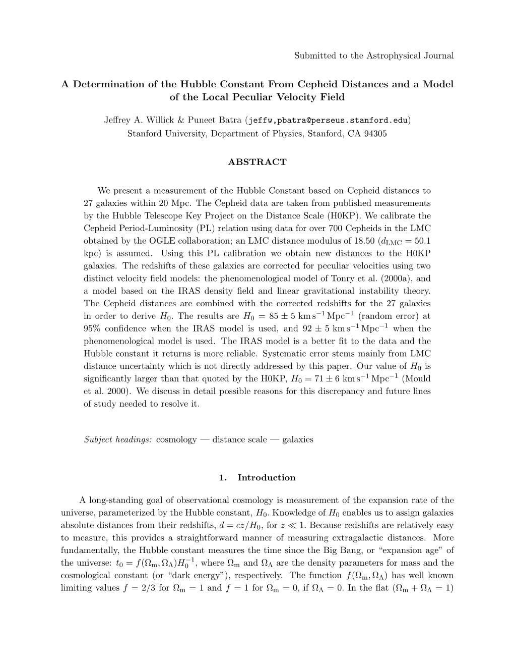 A Determination of the Hubble Constant from Cepheid Distances and a Model of the Local Peculiar Velocity Field