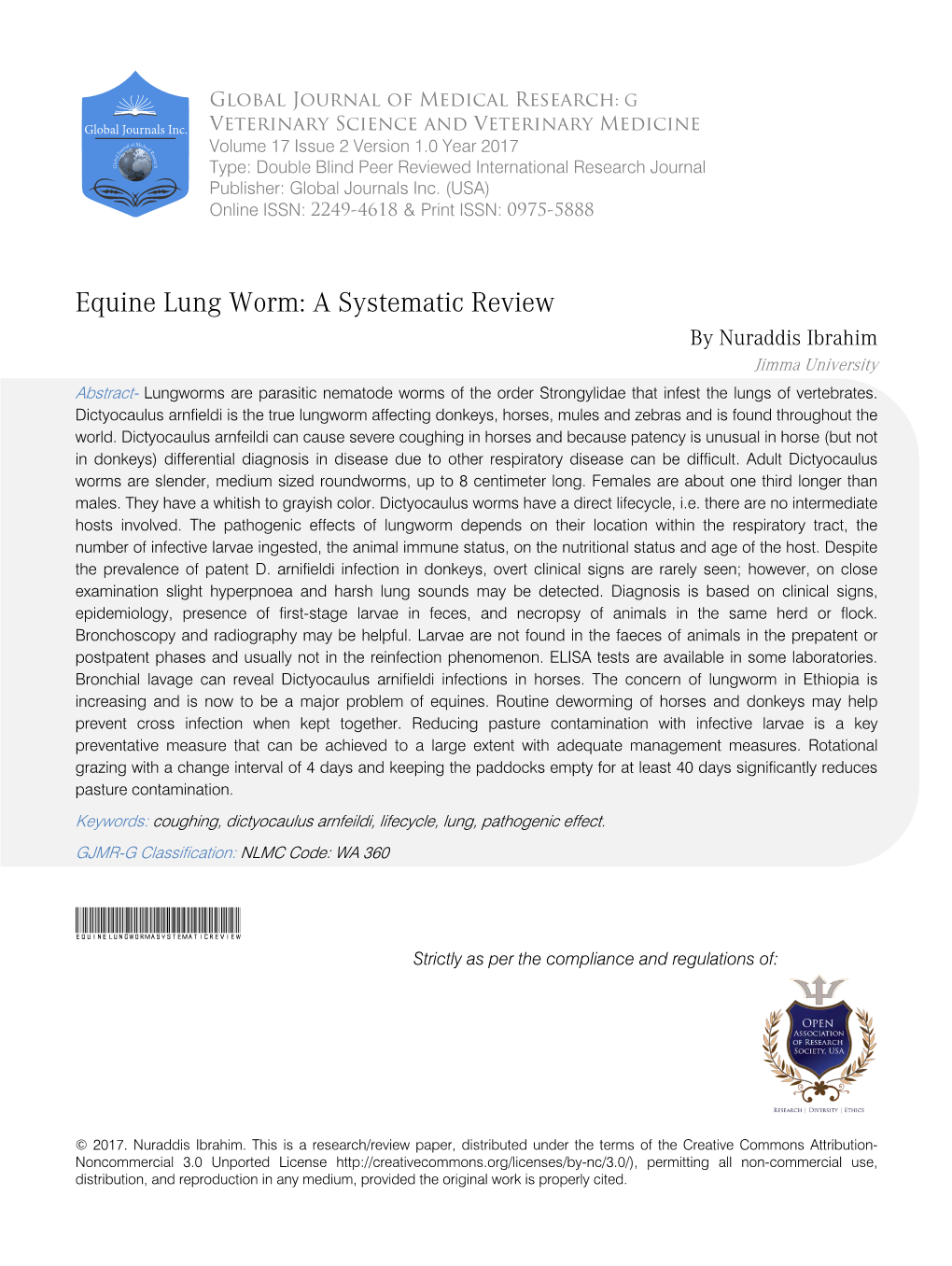Equine Lung Worm: a Systematic Review