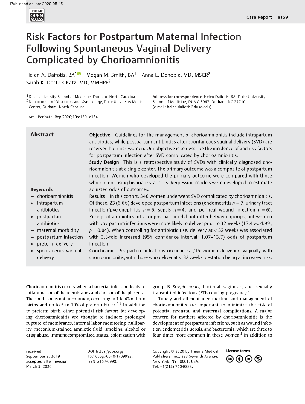 Risk Factors for Postpartum Maternal Infection Following Spontaneous Vaginal Delivery Complicated by Chorioamnionitis