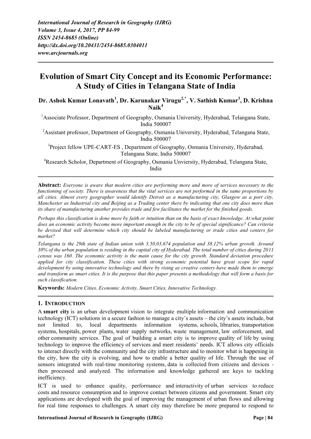 Evolution of Smart City Concept and Its Economic Performance: a Study of Cities in Telangana State of India